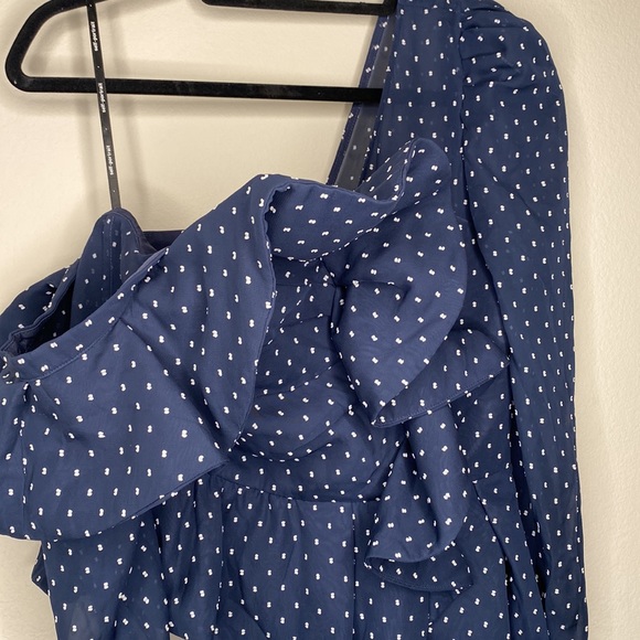 Self-Portrait Plumetis Frill One Shoulder Blouse Navy Blue Polka Dot Size 6 - Picture 9 of 16